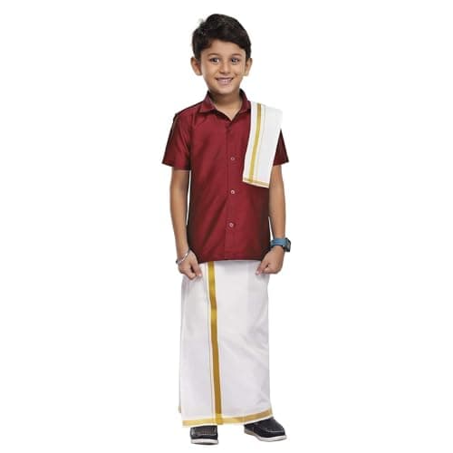 Chandrakala Boys Silk Blend Shirt with Kasavu Mundu, Dupatta & Dhoti Set | Kids Indian Traditional Party Wear | Bollywood Style Wedding Dress for Boys,4-5 Years Maroon-M (KB101MAR5)
