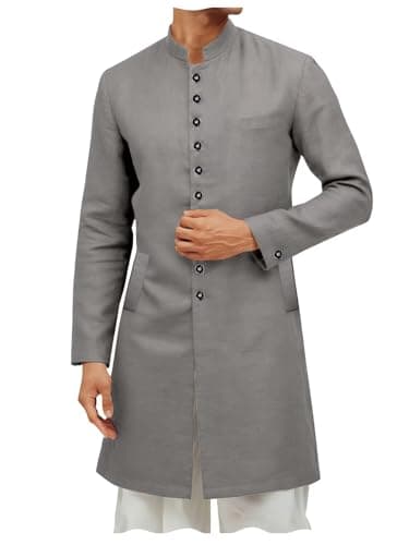 ONAXTDA Men's Casual Long Attire Ethnic Festive Party Stand Collar Cotton Linen Lightweight Kurta Sherwani Coats Kaftan Grey 3XL