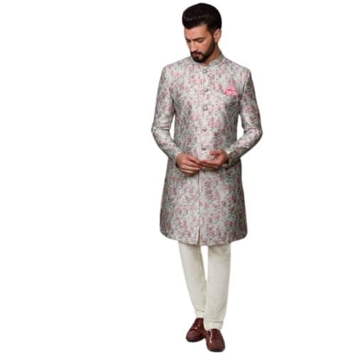 KISAH Men's Multi-Color Jacquard Floral Indowestern Sherwani Pajama Set – Regular Fit, Mandarin Collar| Ethnic Indian Wedding & Festive Wear