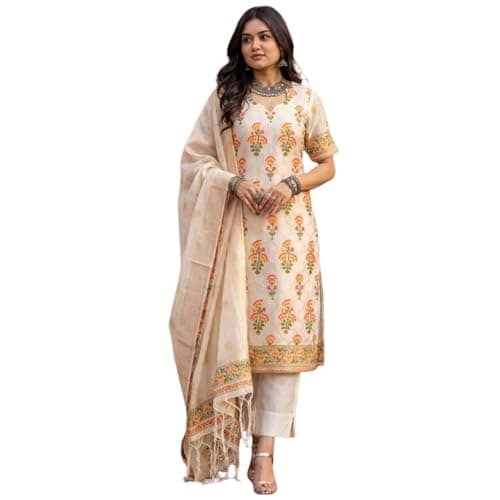 Women's Indian Ethnic Kurta Set with Dupatta | Embroidered Straight Kurta & Pants | Soft Comfortable Fabric | Traditional Outfit for Festivals & Parties - Cream Multicolor Embroidered - M