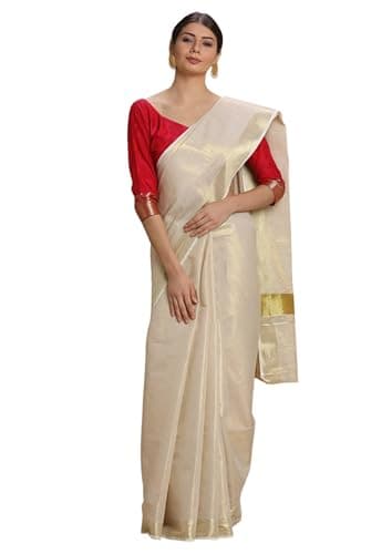 Chandrakala Women's Cream-Golden Art Silk Zari Work Kerala Kasavu Golden Tissue Saree,Free Size(1431CRE)