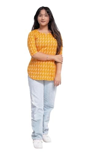 Generic Self Design Katha Cotton Kurta For Women (Yellow, X-Large)