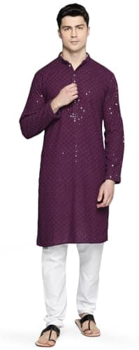 Maple Clothing Men's Cotton Sequined Traditional Festival Kurta Pajama India Apparel (Purple, M)