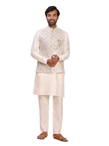 Pro-Ethic Style Developer Men's Cuffed Sleeves Silk Kurta and Trouser Set with Waistcoat (Nehru Jacket) (C-119) Cream X-Large