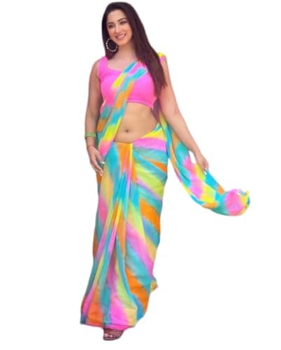 BE4ME.COM Pushpa Rashmika Party Wear Saree Designer Celebrity Inspired Saree for Women Weddings (Rainbow)