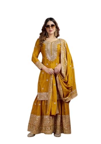 Indya Mustard Yellow Embroidered Chanderi Sharara Set for Festive | Long Sleeve | Crew Neck | Salwar Kameez | Kurta Set