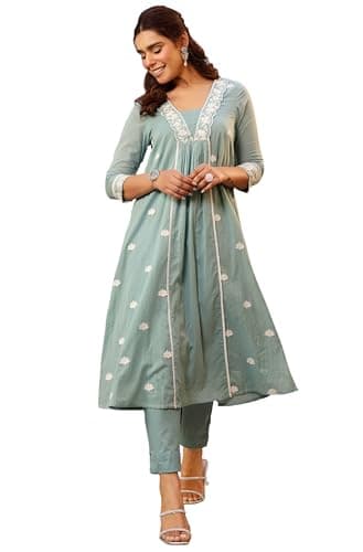 Janasya Indian Women's Cotton Blue Embroidered Casual Wear Kurta Set for Women