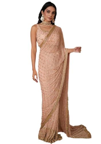 Indya Light Pink Embroidered Soft Net Saree Set | Perfect for Party Wear