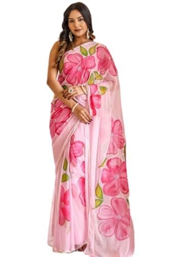 BE4ME.COM Ready to wear saree one min ready saree Pre draped pre-stitched sari with Unstitched Blouse (Pink X1)