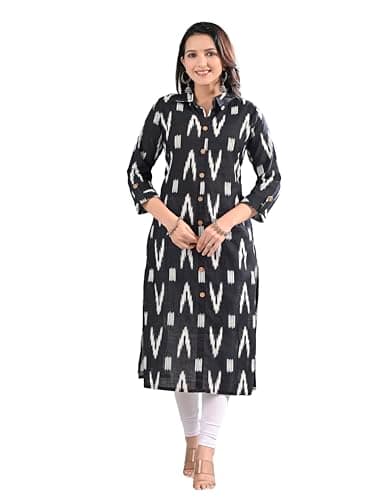Meyali Indian Womens Printed Cotton Kurti Top | Straight Fit Collar Neck Kurta | 3/4 Sleeves Tunic Top | Casual Indian Kurti for Women - Black