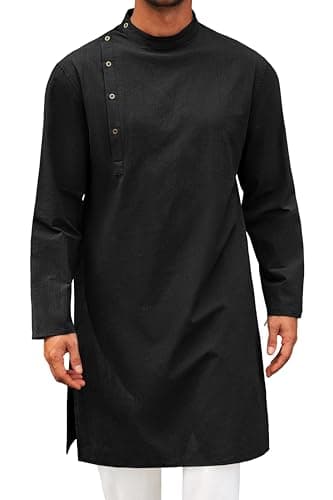 Runcati Mens Kaftan Thobe Robe Long Sleeve Cotton Henley Shirt Casual Muslim Gown Salwar Kurta Black