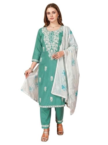 ladyline Womens Rayon Chikankari Salwar Kameez Lucknowi Embroidered with Silk Dupatta (RESK NLGL) (46/ Sage-Green)