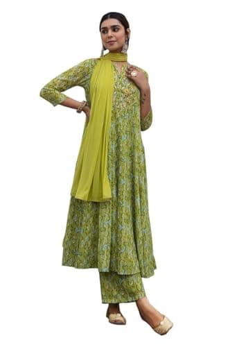 Janasya Indian Women's Georgette Lime Green Festive Kurta Set for Women