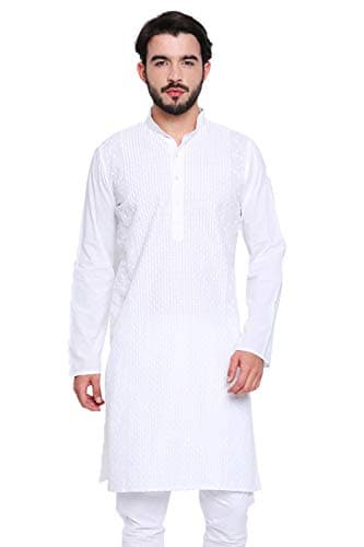 Shatranj Men's Indian Banded Collar Long White Tunic Kurta with High Embroidery; White; LG