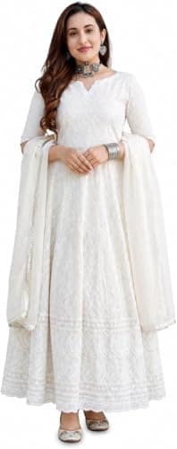 Women’s Cotton Chikankari Embroidered Anarkali Kurta with Dupatta | 3/4th Sleeves (This set includes:1 Kurta with Dupatta) (US, Alpha, XX-Large, Regular, Regular, Pearl White)