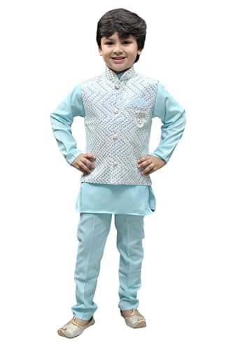 BT DEZINES Boys Ethnic Kurta Set with Sequinned Waistcoat | For 12-13Y Old Boys BLUE Cotton Blend Kurta, Trousers & Waistcoat | Festive Wear | Mandarin Collar | Traditional Indian Outfit