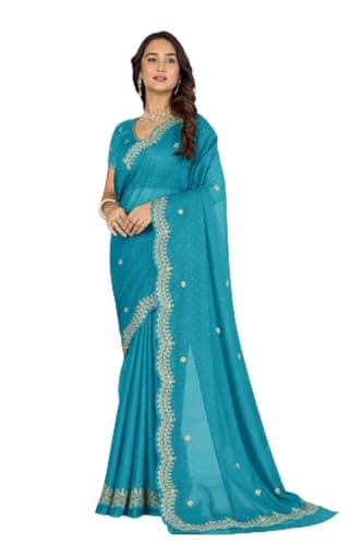 VENSHIYA Saree for Women Georgette Broad Golden Embroidery Border Siroski Diomond work Saree with Unstitched Blouse Piece (Blue)