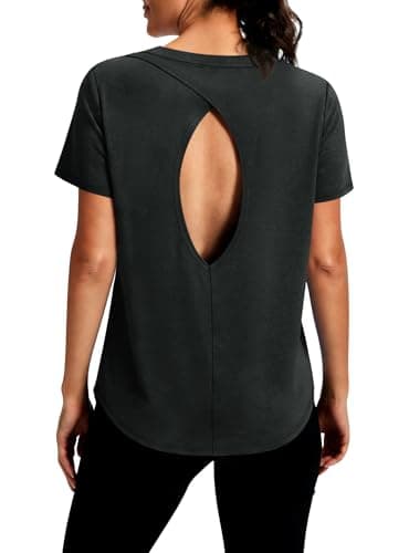 Alaroo Workout Tops for Women Short Sleeve Pilates Shirts Open Back Fitness Clothing Ropa Deportiva para Mujer Gym Clothes Black L