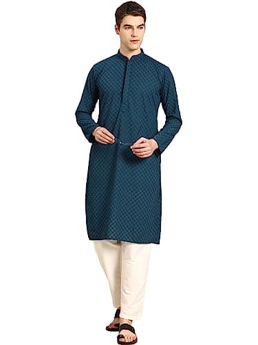 Rajubhai Hargovindas Men Teal Ethnic Motifs Chikankari Embroidered Kurta (MRPCH-44)