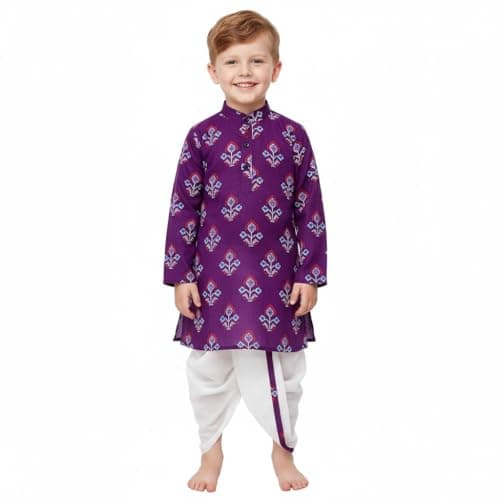 Chandrakala Kids Kurta Dhoti Set for Boys Indian Printed Ethnic Wear,Purple Patola White,3-4T (KK122PUR5)