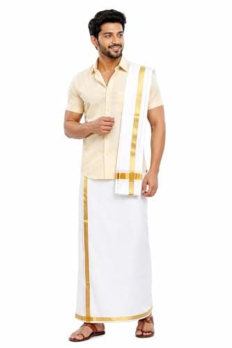 Chandrakala Men's Dhoti With Dupatta South indian Traditional Pooja Angvastram Towel Gamcha Cotton lungi Single Layer with Golden Border White,Free Size (MK113WHI)