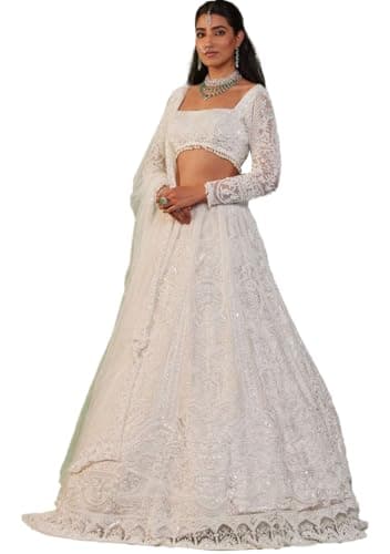 Indya White Net Embroidered Lehenga Choli Set for Wedding | Long Sleeve | Square Neck | Indian Ethnic Wear