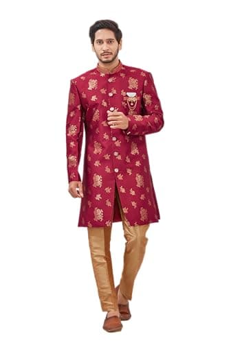 Shreyanvi Indian Designer Wedding Festive Wear Jacquard Fabric Indo-Western Sherwani Pajama Set For Men