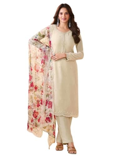 FABMIAMI Indian Pakistani Woman's Traditional Wear Heavy Siffon salwar kameez suit Ready to Wear Dress, Dupatta FM-117 (US, Numeric, 48, Regular, Regular, Off White)