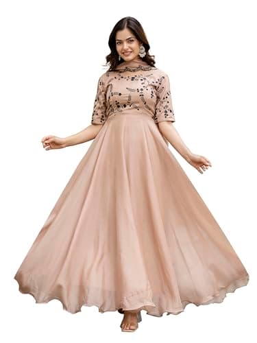 TRENDMALLS Women's Organza Embroidery Anarkali Kurta Pant Salwar Suit Set (G269-Beige-S)