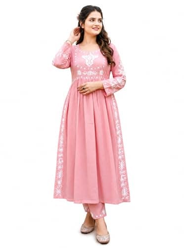 FULPARI Women's Pink Embroidered Kurta Set with Pants, Viscose Rayon, Long Sleeve, White Floral Embroidery, Side Slit Anarkali Style (US, Alpha, X-Large, Regular, Regular, Pink)