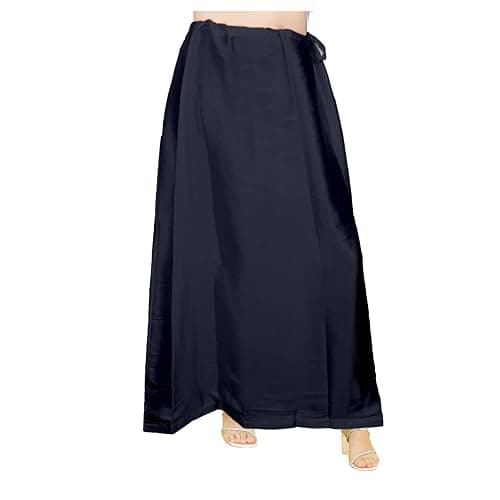 EDZZEL Women's Satin Silk Full Petticoat Saree Underskirt Inskirt Adjustable Drawstring Waist Solid Color (Black)