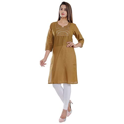 Ramkudi Indian Women's Plain Embroiderd Cotton Straight Kurti Top (Peanut)