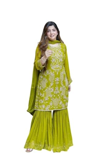 Cholista Women's Faux Georgette Sequins Embroidery Salwar Suit Set Kurta Palazzo with Dupatta For Women (US, Numeric, 46, Regular, Regular, perrot)