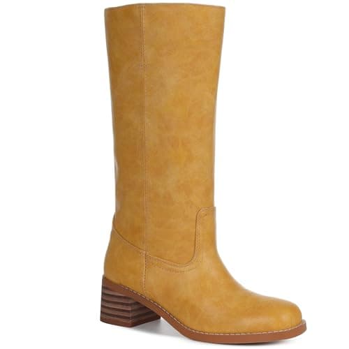 Tarkwa Knee High Boots for Women Wide Calf Shoes Banana Yellow Comfortable Shoes Square Toe Low Heel Winter Fall Boots Chunky Block Heels Leather Boot Comfy Dressy Womens Boot Size 8