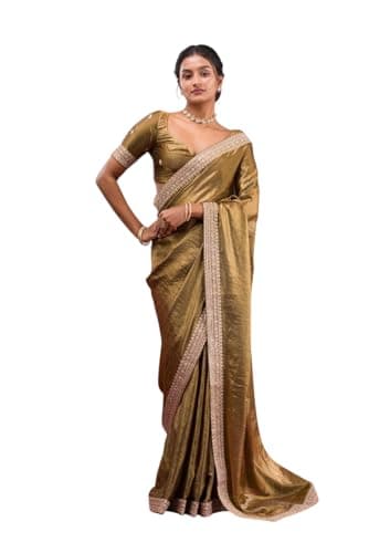 Svayi Women’s Shimmer Satin Sequins Embroidery Zari Border work Saree for Wedding Festive Party Style Sari with Blouse Piece (SR1287-MehndiGreen)