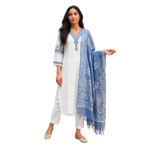 SANJHEYA- CRAFTED TO BELONG Women Cotton Kurta Pant Dupatta Set 3 Piece Ethnic Outfit, White Straight Kurti with Blue Printed Dupatta(Large)