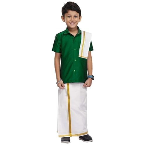 Chandrakala Boys Silk Blend Shirt with Kasavu Mundu, Dupatta & Dhoti Set | Kids Indian Traditional Party Wear | Bollywood Style Wedding Dress for Boys,6-12 Months Bottle Green-M (KB101BOT1)