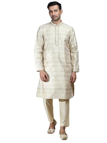 Filori Studio - Men's Traditional Motif Self Woven Design with Lace Detailing Long Kurta (Kurta Only) Grey