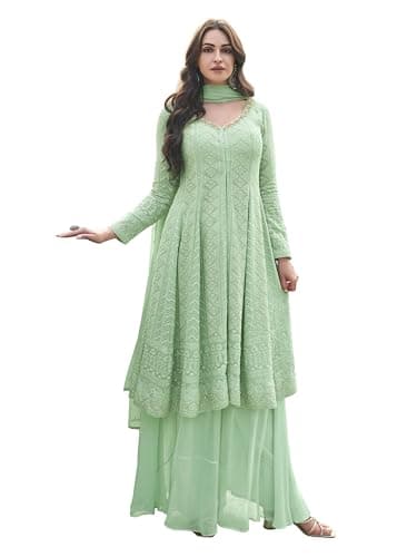 TRENDMALLS Women's Georgette Embroidery Work Front Slit Kurta Palazzo with Dupatta for Women (G310-Pista-XXL)