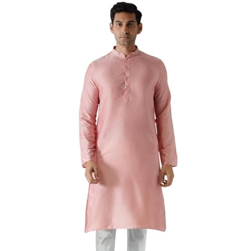 KISAH Men's Kurta - Solid Cotton Blend - Indian Wedding Outfit for Men - Ideal for Weddings and Festivals Pink