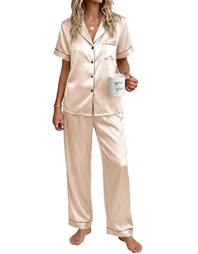 Ekouaer Womens Silky Satin Pajamas Set Short Sleeve Button Down Sleepwear 2 Piece Lounge Set Pj Set Champagne Large