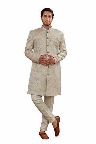Lady Dwiza Indian Designer Wedding Festive Wear Men's Jacquard Indo-Western Sherwani Pajama Set
