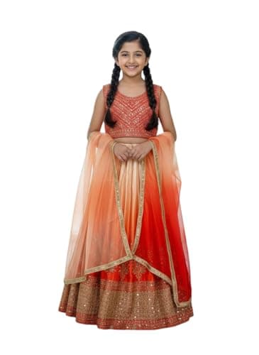 OQQTOO Traditional Lehenga Choli for Girls, Siqwons Embroidered Floral Design, Wedding Dress with Dupatta. (orange, 7-8 years)