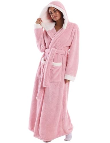 HZAAM Womens Long Flannel Robe, Flannel Hooded Bathrobe, Plush Warm Winter Housecoat, Fluffy Soft Cozy (Pink)