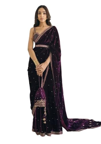 Indya Violet Motif Velvet Saree Set for Festive | Indian Ethnic Wear