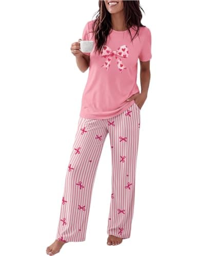 Ekouaer Womens Pajamas Sets 2 Piece Short Sleeve Lounge Set Printed Loose Pants Round Neck Pj Sets Loungewear Pink Stripe Bows Medium $10.99