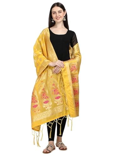 Fashtastic Women's Woven Banarasi Silk Zari Dupatta/Chunni, Width 1 Meter, Length 2.5 Meter (Pine Yellow)