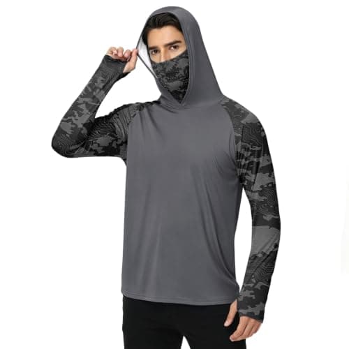Long Sleeve Fishing Shirts for Men Sudaderas para Hombre De Trabajo Uv Protection Face Mask SPF 50 Lightweight Sun Hoodie Beach Running Shirt Mens Long Sleeve Sun Protection Shirts Dark Gray Large