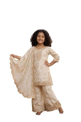 QLUVA Girls Indian Ethnic Wear Salwar Kameez For Kids|Girls Punjabi Suit|Kids Kurta Sharara Set For Girls| (White, 8-9 Years)