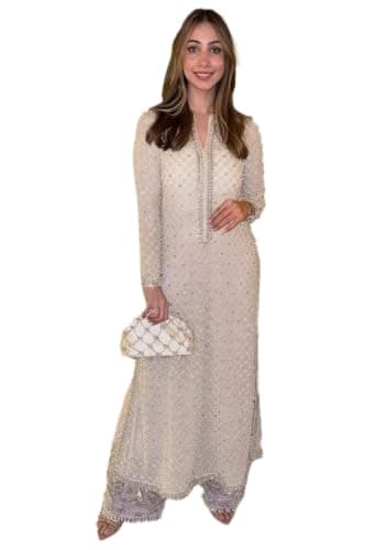 Indya Off White Embroidered Georgette Pakistani Suit Set for Wedding | Long Sleeve | V-Neck | Indian Ethnic Wear